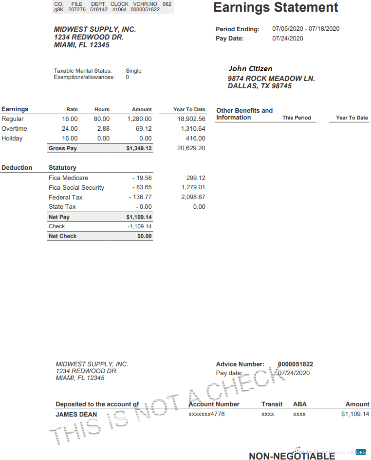 Download USA MIDWEST supply inc earning statement in word and pdf formats Photoshop template